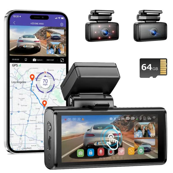 Camera auto de bord AZDOME M580 cu 3 canale 5K, WiFi 5G, WDR Night Vision, 150°, ecran IPS 4&quot;, GPS, aplicatie dedicata, G-sensor si monitorizare parcare