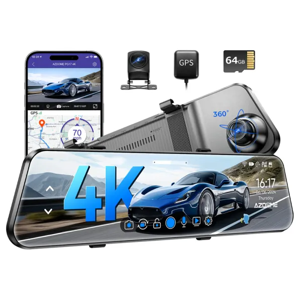 Camera auto de bord AZDOME PG17 4K+FHD, WiFi 6, Night Vision, 150°, ecran 12&quot;, aplicatie dedicata, G-sensor si monitorizare parcare