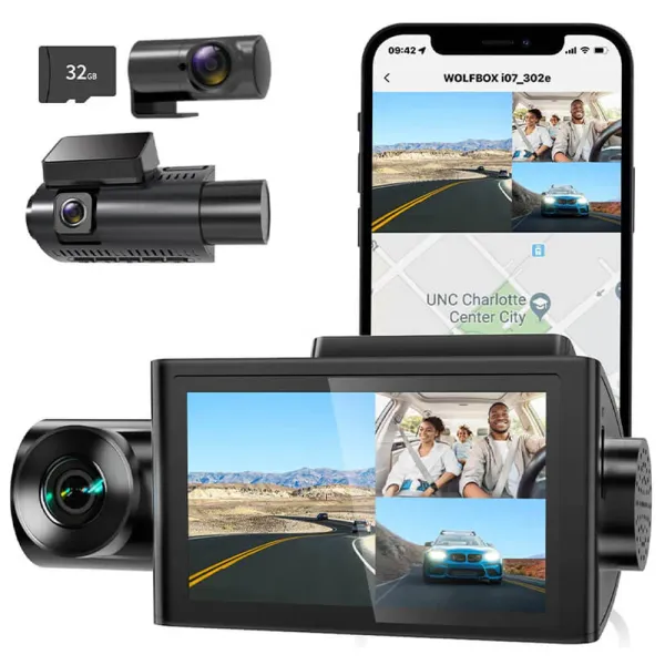 Camera auto de bord Wolfbox i07 4K+1080P, WiFi, Super IR Night Vision, 150°, ecran 3&quot;, GPS, aplicatie dedicata, G-sensor si monitorizare parcare