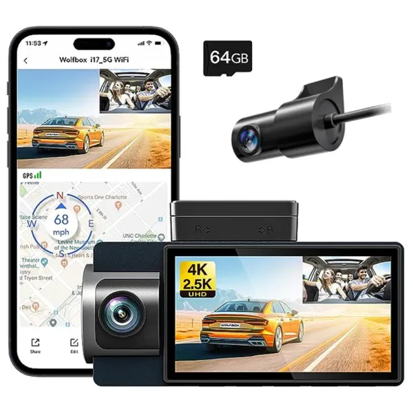 Camera auto de bord Wolfbox i17 cu 3 canale 4K+1080P+1080P, WiFi 5G, Super IR Night Vision, 150°, ecran 3&quot;, GPS, aplicatie dedicata, G-sensor si monitorizare parcare