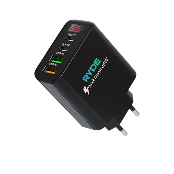 Incarcator rapid 45W cu afisaj LED, 2x USB-C, 2x USB-A, pentru telefon, tableta, GPS, Negru / Alb