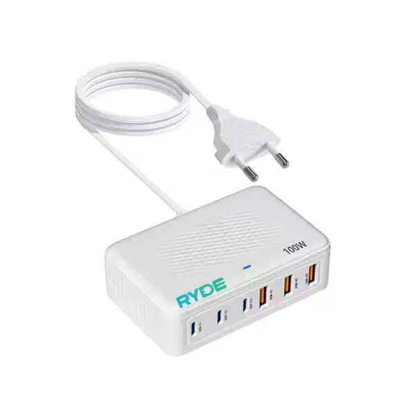 Incarcator rapid USB-C 100W cu 6 porturi incarcare simultana, ideal pentru laptop, tableta, telefon, Alb / Negru