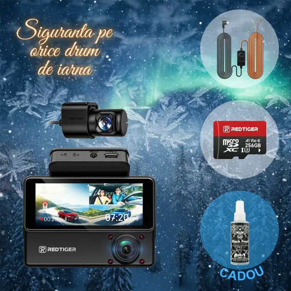 Pachet Cadou Craciun REDTIGER VP20 2.5K+2.5K+1080P, WiFi, Night Vision, ecran tactil, 530°, GPS