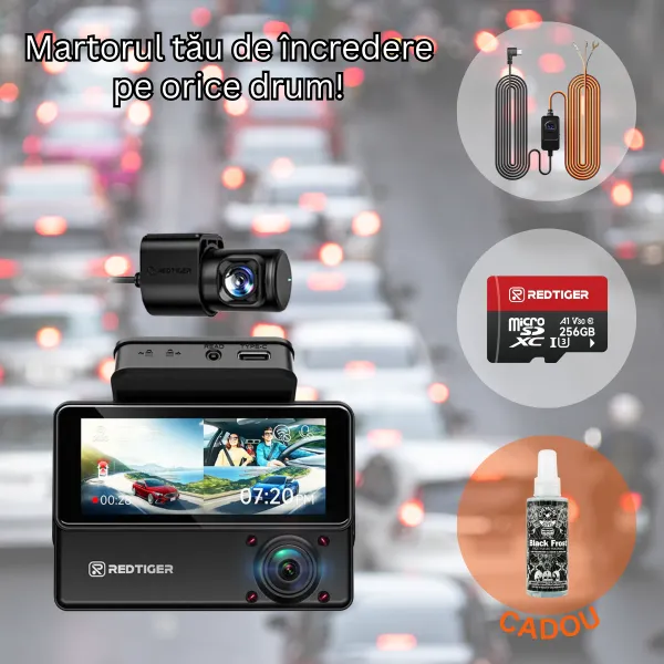 Pachet Cadou REDTIGER VP20 2.5K+2.5K+1080P, WiFi, Night Vision, ecran tactil, 530°, GPS