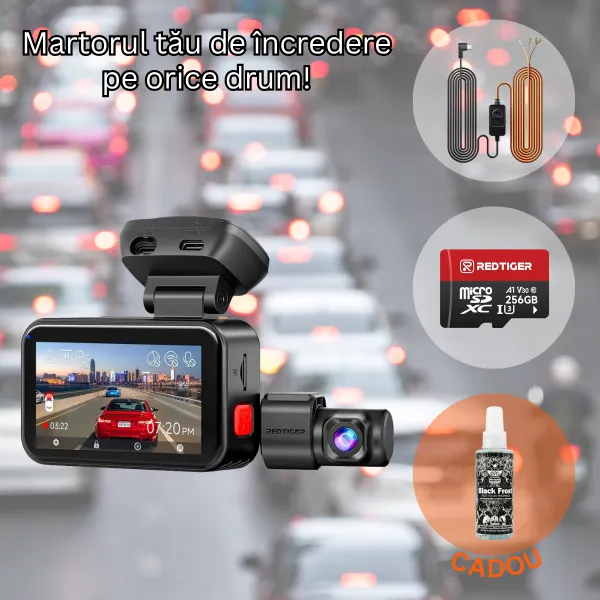 Pachet Cadou REDTIGER ViewClear 70 4K+2.5K, WiFi, Night Vision Color, ecran tactil 3”, GPS