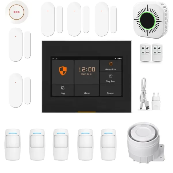 Sistem de securitate complet cu alarma Smart WiFi si detector fum, ecran tactil IPS 4.3&quot;, compatibila Tuya / SmartLife