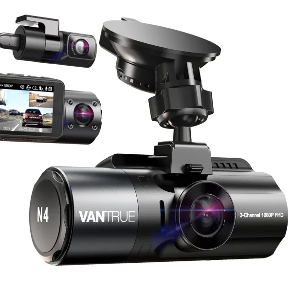 Camera auto tripla Vantrue N4 fata-spate-interior, 2.5K + 2.5K + 1080P HDR/30fps, Night Vision, ecran 2.45&quot;, GPS, G-sensor si monitorizare parcare