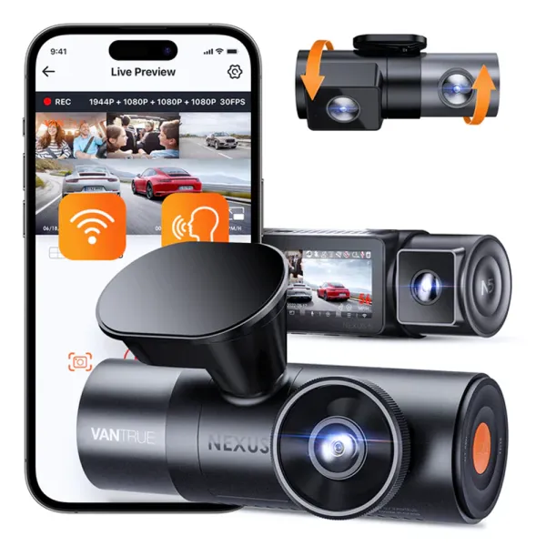 Camera auto cu 4 canale Vantrue N5 fata-spate-interior, WiFi 5GHz, 2.7K + 1080P + 1080P + 1080P, HDR + WDR, control vocal, Night Vision, ecran 3.19&quot;, GPS, G-sensor si monitorizare parcare