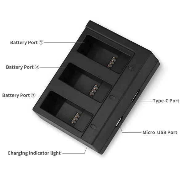 Incarcarcator triplu pentru baterii GoPro Hero 5 / 6 / 7 (Negru)